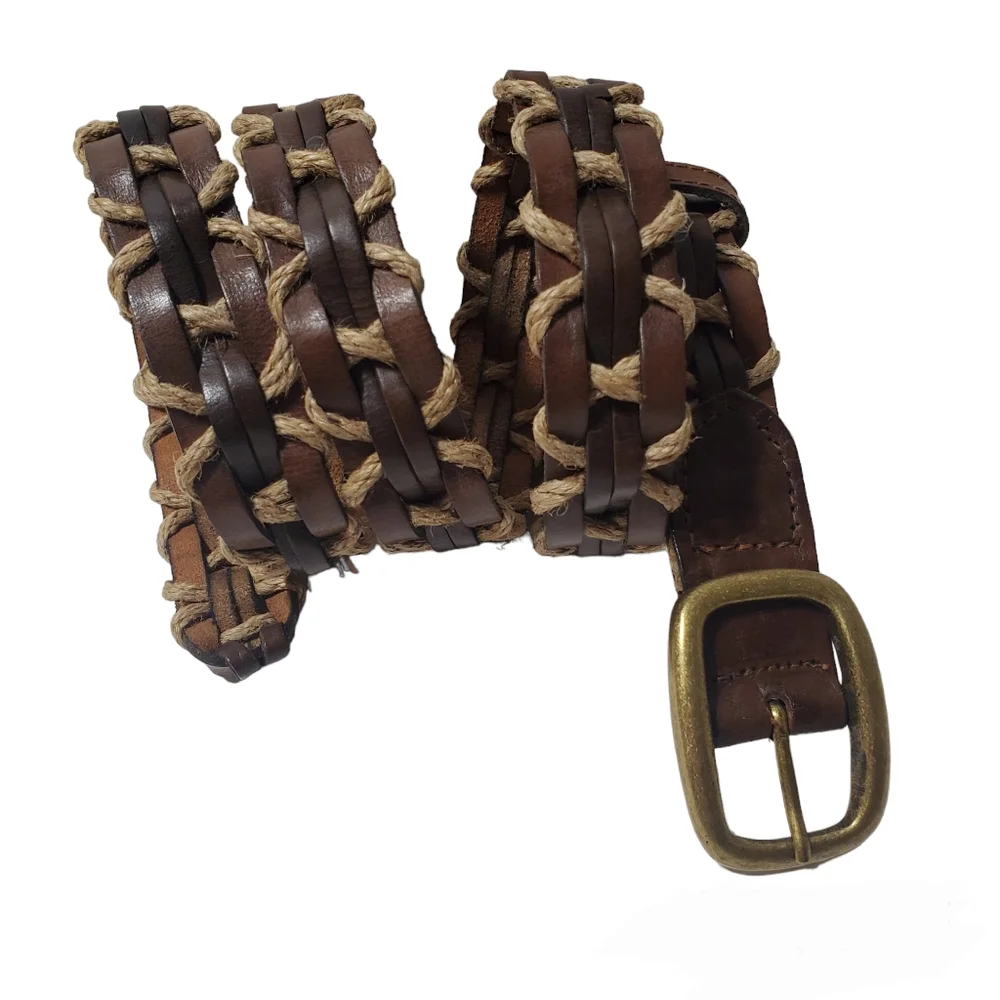 Genuine Leather and Jute Weaved Men's Brown Belt Made in India Boho L/XL